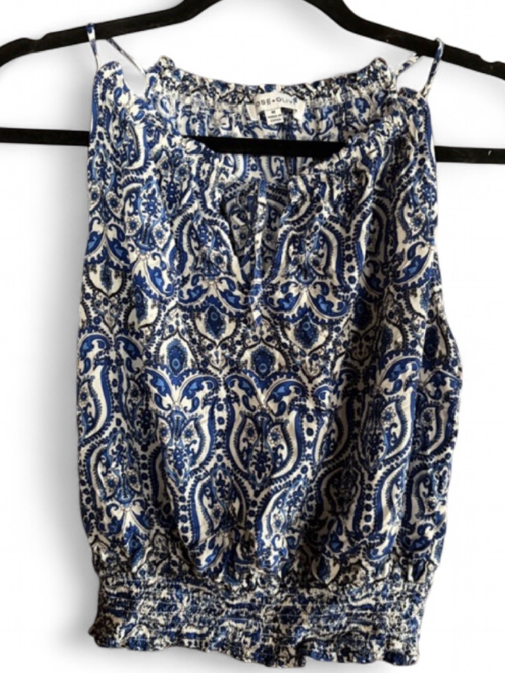 Rose + Oliv Paisley Smocked Tank Top Blue White Boho Cami Adjustable Straps M